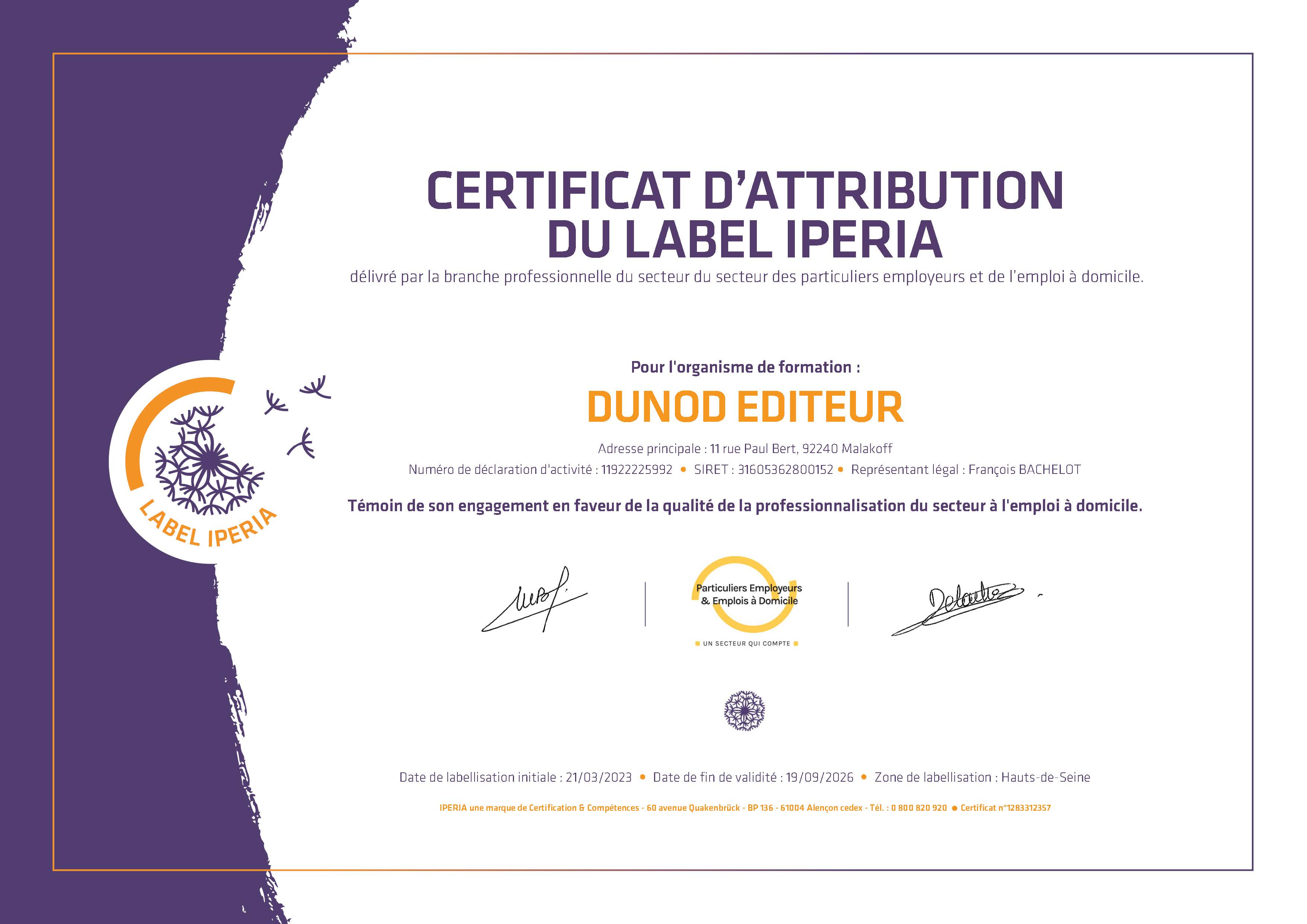 Iperia : certificat labellisation Dunod Éditeur
